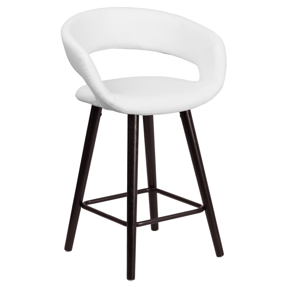 24'' High Contemporary Cappuccino Wood Rounded Open Back Counter Height Stool in White Vinyl. Picture 1