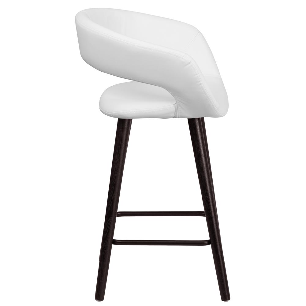 24'' High Contemporary Cappuccino Wood Rounded Open Back Counter Height Stool in White Vinyl. Picture 2