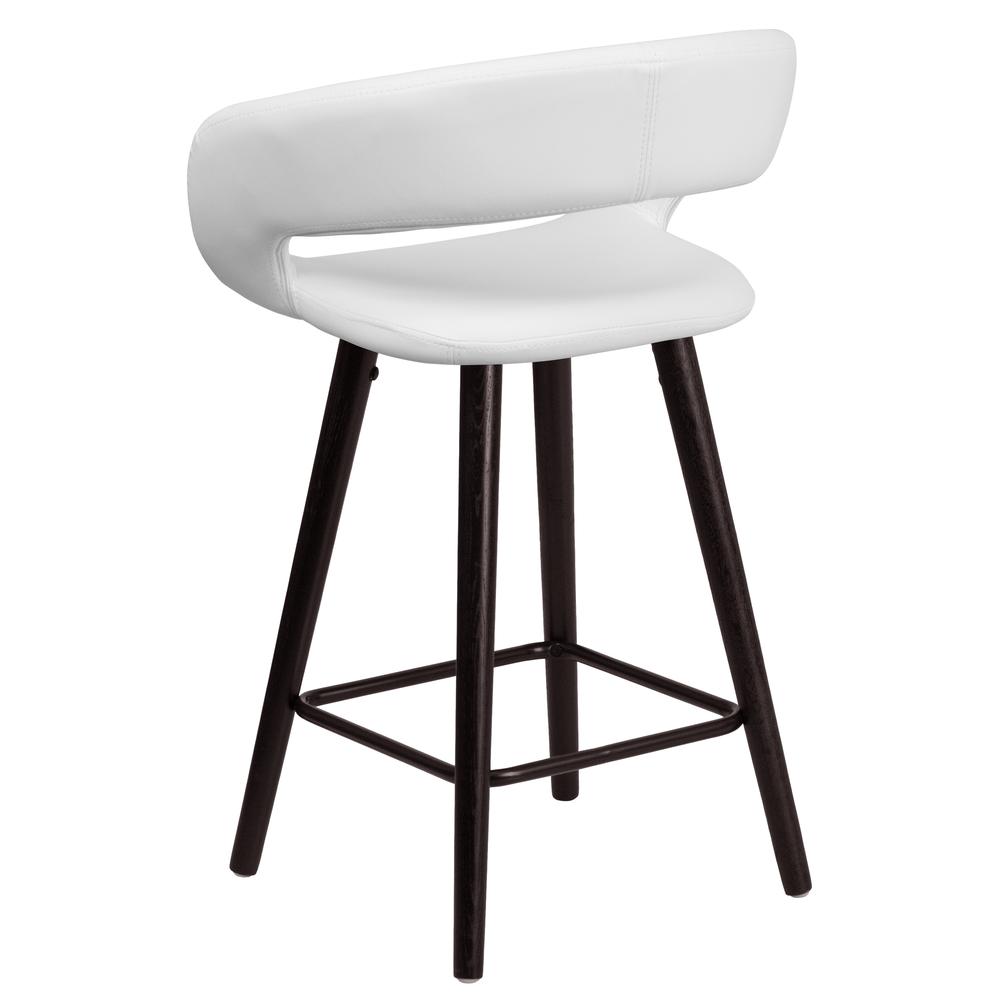 24'' High Contemporary Cappuccino Wood Rounded Open Back Counter Height Stool in White Vinyl. Picture 3