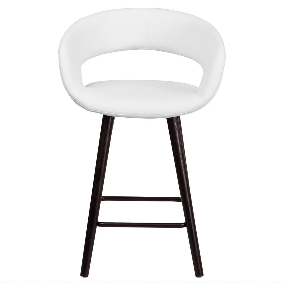 24'' High Contemporary Cappuccino Wood Rounded Open Back Counter Height Stool in White Vinyl. Picture 4