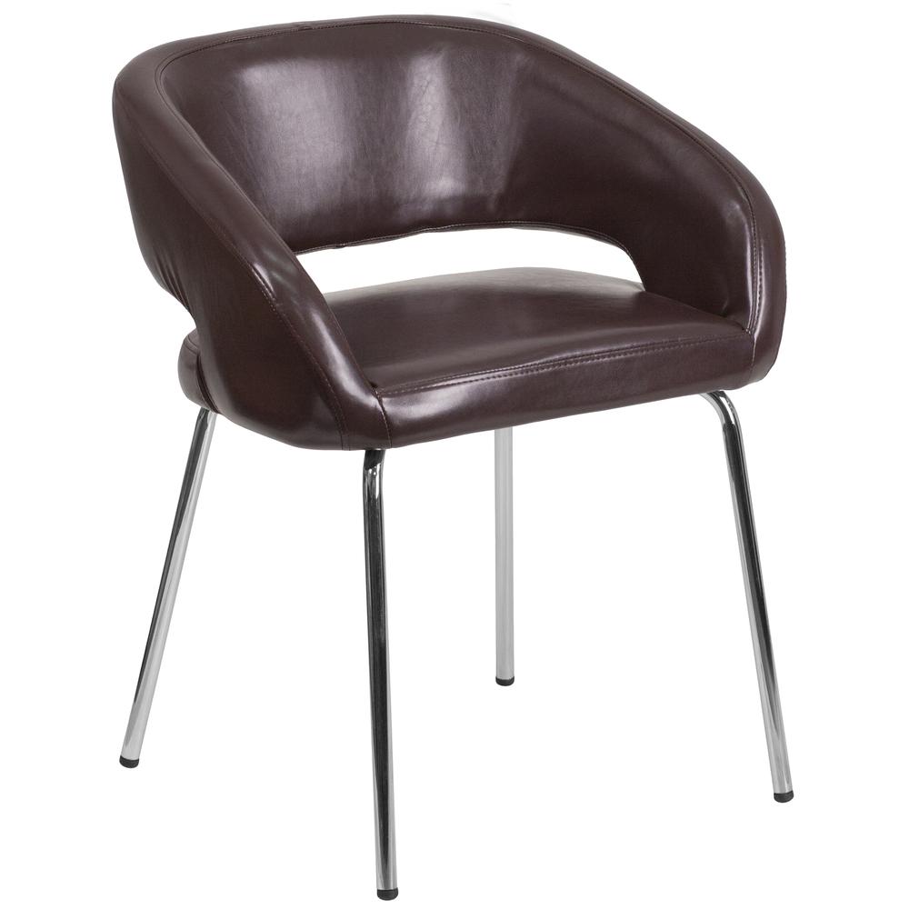 Contemporary Brown LeatherSoft Side Reception Chair with Chrome Legs. Picture 1