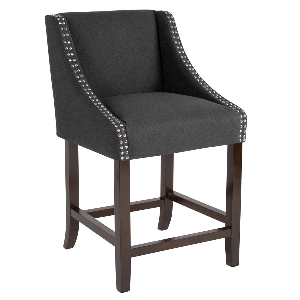 Carmel Series 24" High Transitional Walnut Counter Height Stool with Accent Nail Trim in Charcoal Fabric. The main picture.