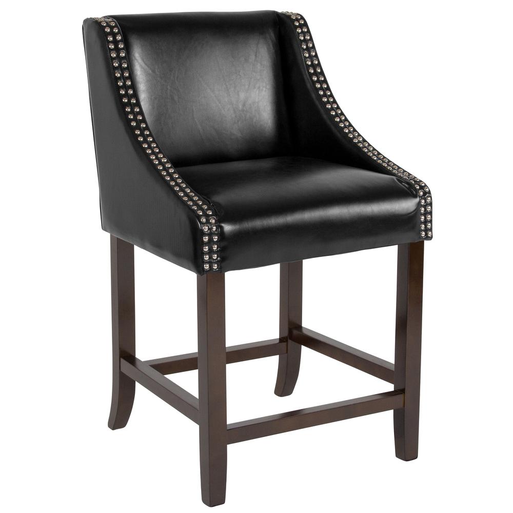 Carmel Series 24" High Transitional Walnut Counter Height Stool with Nail Trim in Black LeatherSoft. The main picture.