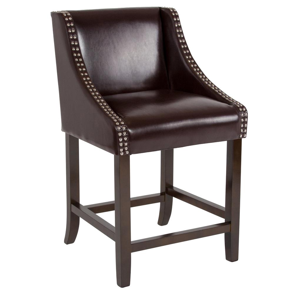 Carmel Series 24" High Transitional Walnut Counter Height Stool with Nail Trim in Brown LeatherSoft. Picture 1