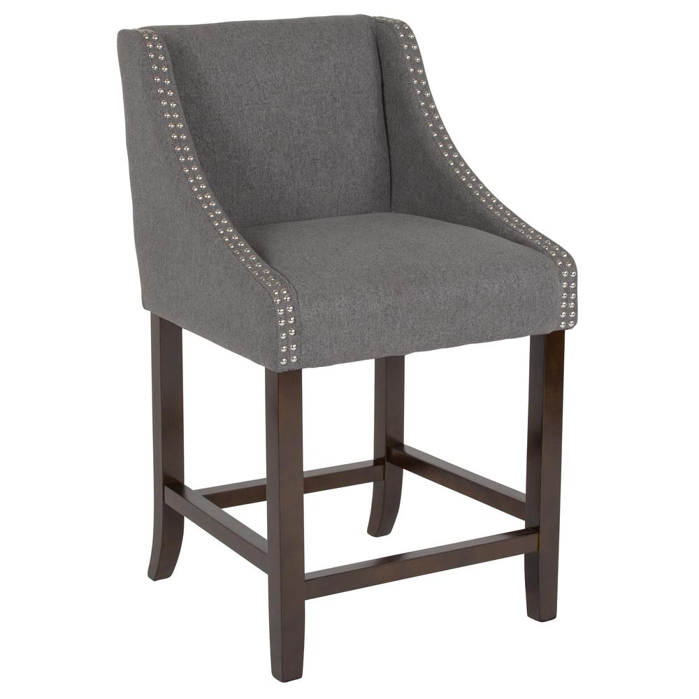 Carmel Series 24" High Transitional Walnut Counter Height Stool with Accent Nail Trim in Dark Gray Fabric. Picture 1