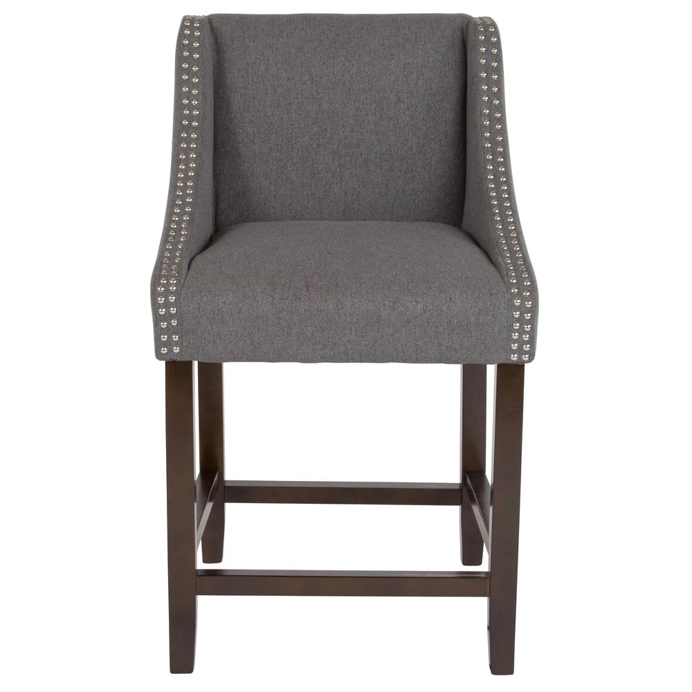 Carmel Series 24" High Transitional Walnut Counter Height Stool with Accent Nail Trim in Dark Gray Fabric. Picture 4