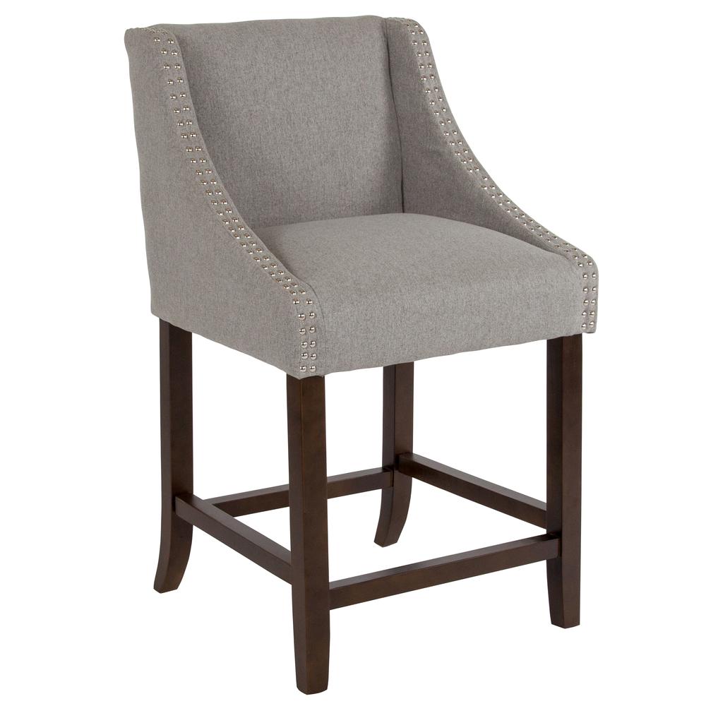 Carmel Series 24" High Transitional Walnut Counter Height Stool with Accent Nail Trim in Light Gray Fabric. The main picture.