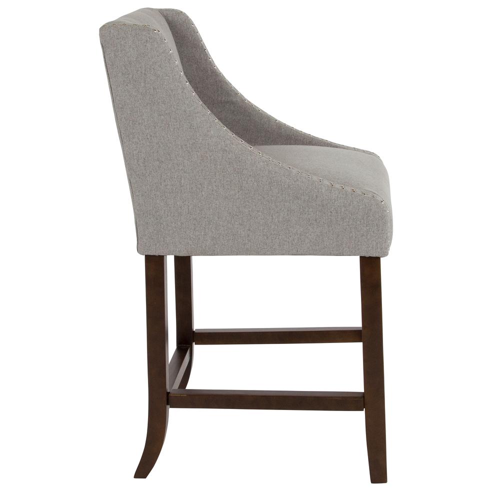 Carmel Series 24" High Transitional Walnut Counter Height Stool with Accent Nail Trim in Light Gray Fabric. Picture 2