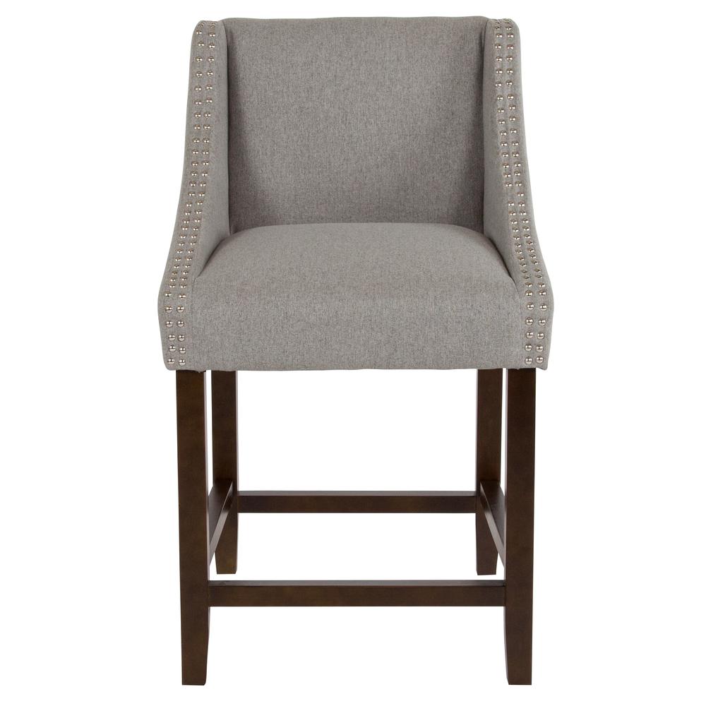 Carmel Series 24" High Transitional Walnut Counter Height Stool with Accent Nail Trim in Light Gray Fabric. Picture 4