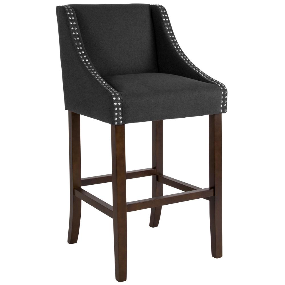 Carmel Series 30" High Transitional Walnut Barstool with Accent Nail Trim in Charcoal Fabric. The main picture.
