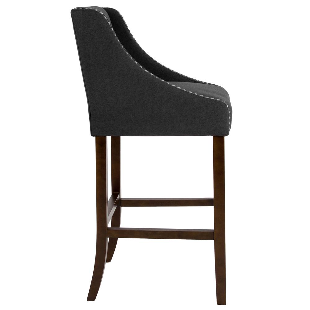 Carmel Series 30" High Transitional Walnut Barstool with Accent Nail Trim in Charcoal Fabric. Picture 2