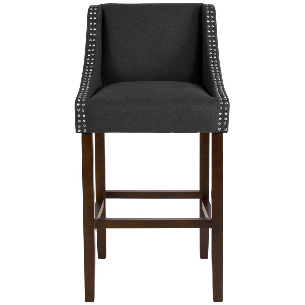 Carmel Series 30" High Transitional Walnut Barstool with Accent Nail Trim in Charcoal Fabric. Picture 4