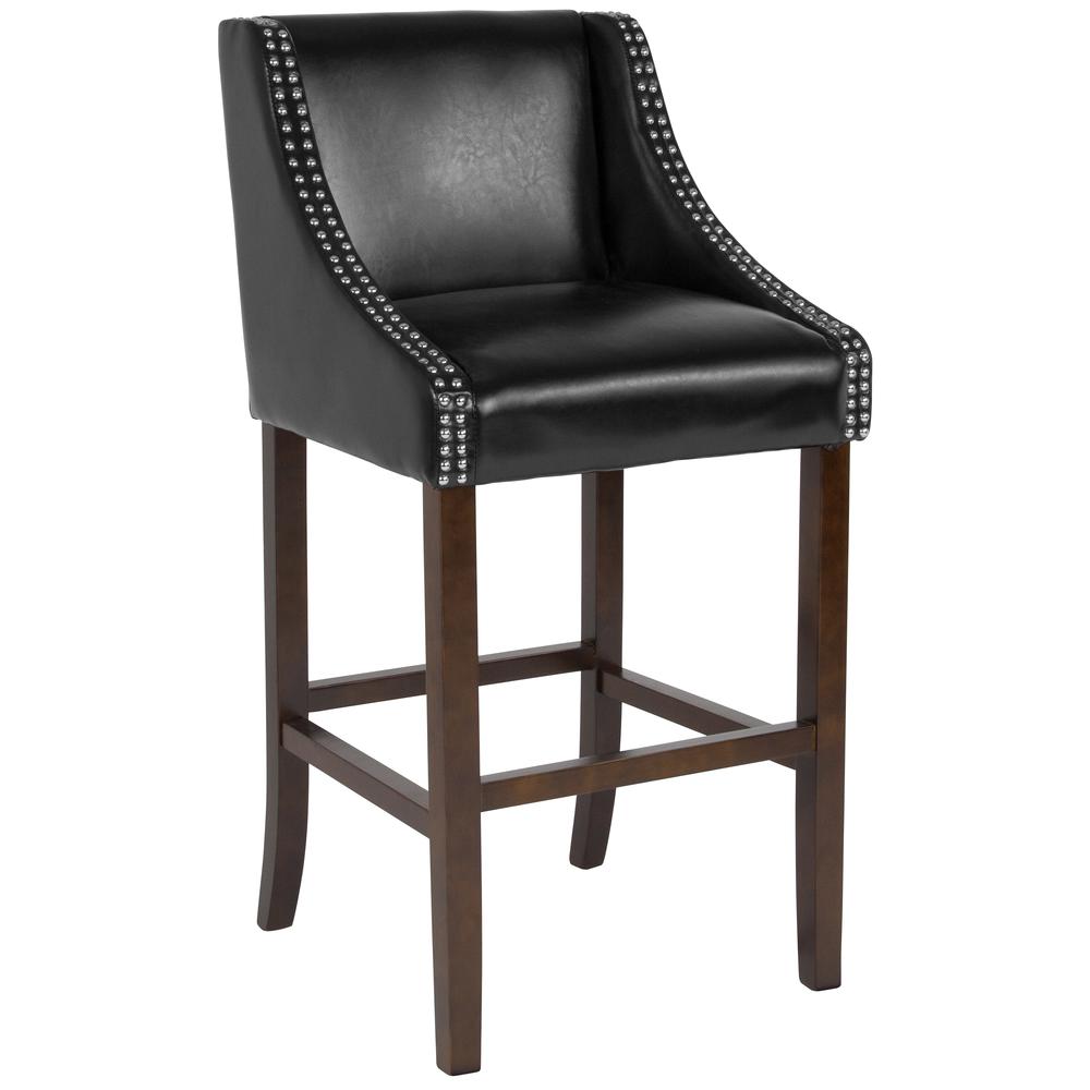 Carmel Series 30" High Transitional Walnut Barstool with Accent Nail Trim in Black LeatherSoft. Picture 1