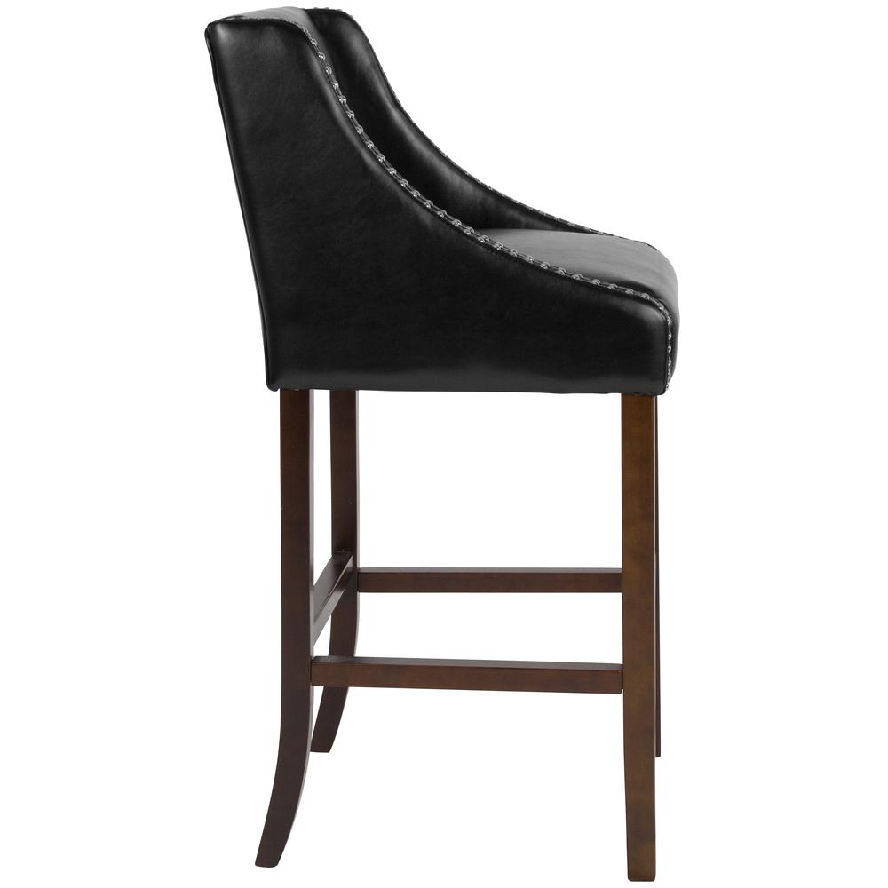 30" High Transitional Walnut Barstool with Accent Nail Trim in Black LeatherSoft. Picture 2