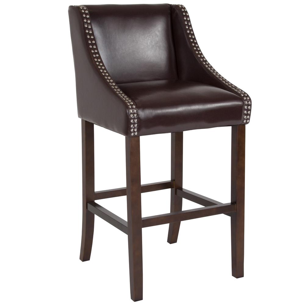 Carmel Series 30" High Transitional Walnut Barstool with Accent Nail Trim in Brown LeatherSoft. The main picture.