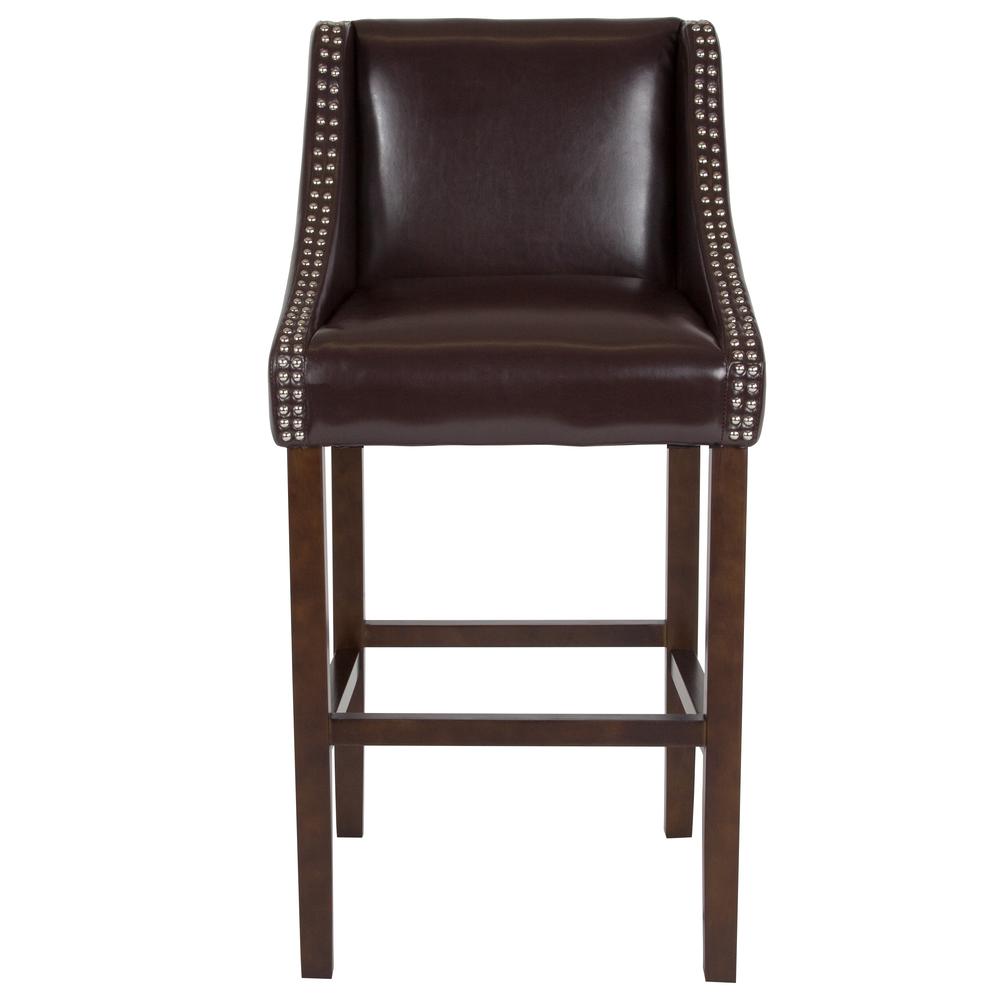Carmel Series 30" High Transitional Walnut Barstool with Accent Nail Trim in Brown LeatherSoft. Picture 4