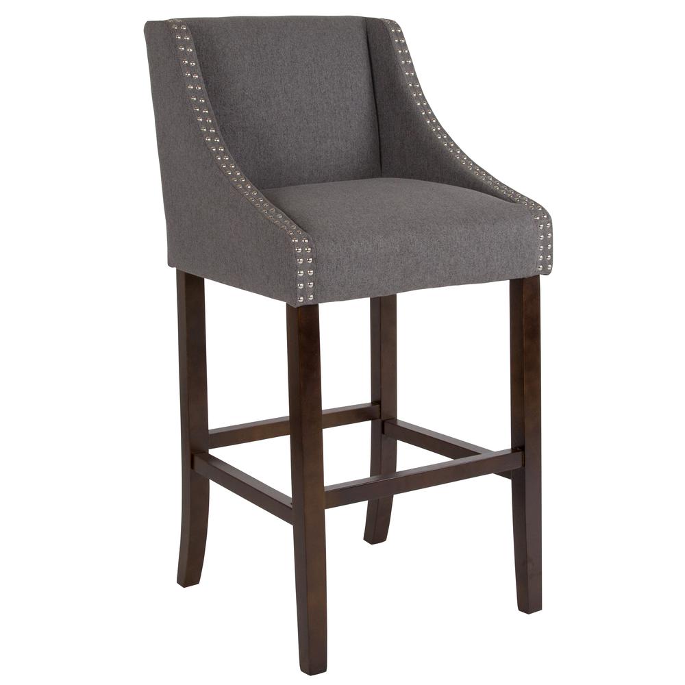 Carmel Series 30" High Transitional Walnut Barstool with Accent Nail Trim in Dark Gray Fabric. The main picture.
