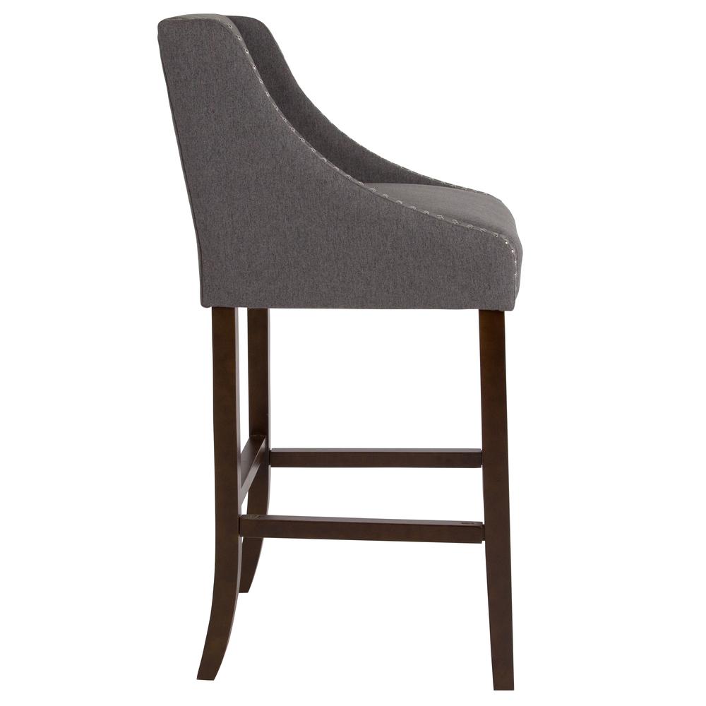 Carmel Series 30" High Transitional Walnut Barstool with Accent Nail Trim in Dark Gray Fabric. Picture 2