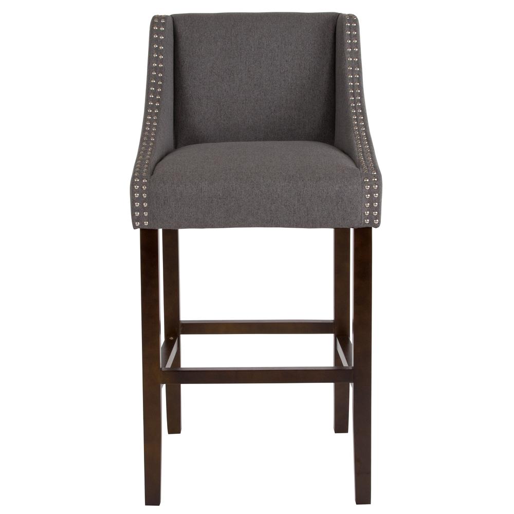 Carmel Series 30" High Transitional Walnut Barstool with Accent Nail Trim in Dark Gray Fabric. Picture 4