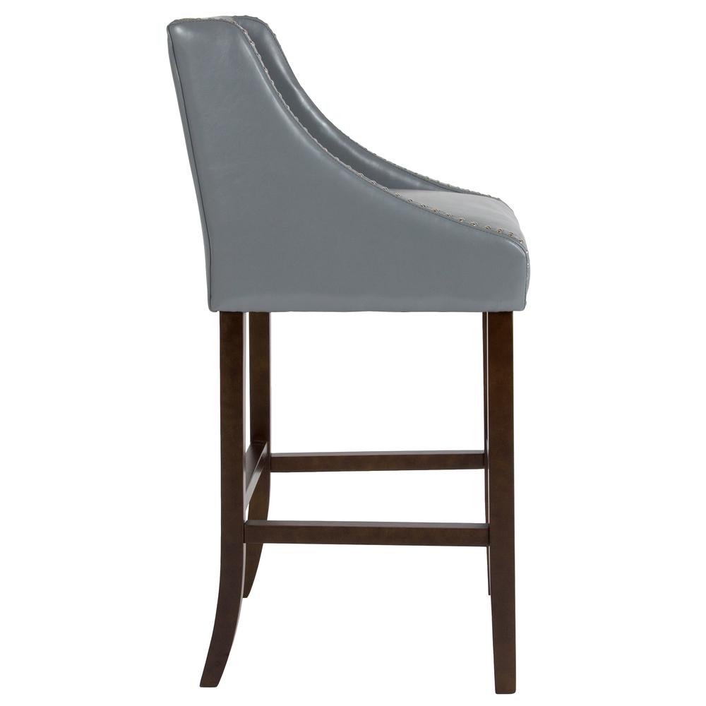30" High Transitional Walnut Barstool with Accent Nail Trim in Light Gray LeatherSoft. Picture 2