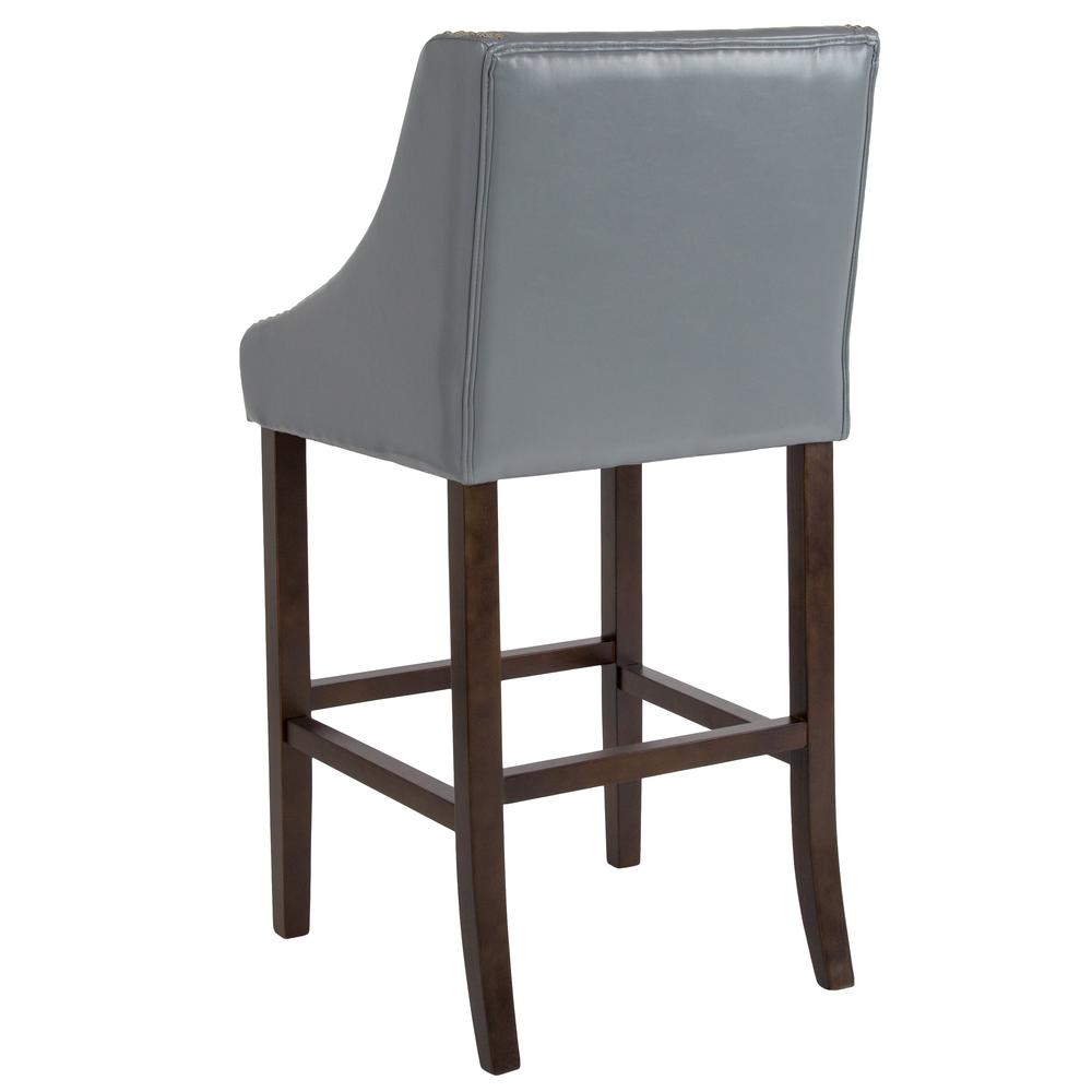 30" High Transitional Walnut Barstool with Accent Nail Trim in Light Gray LeatherSoft. Picture 3