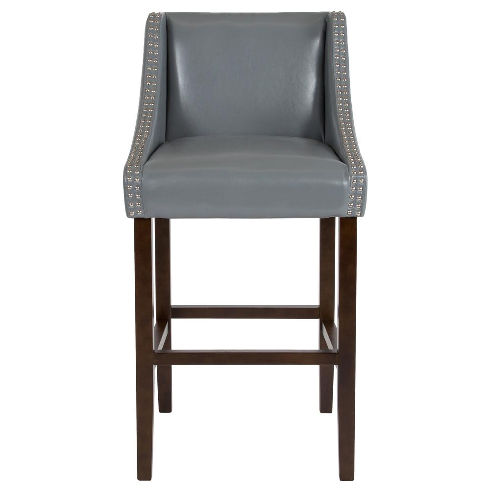30" High Transitional Walnut Barstool with Accent Nail Trim in Light Gray LeatherSoft. Picture 4
