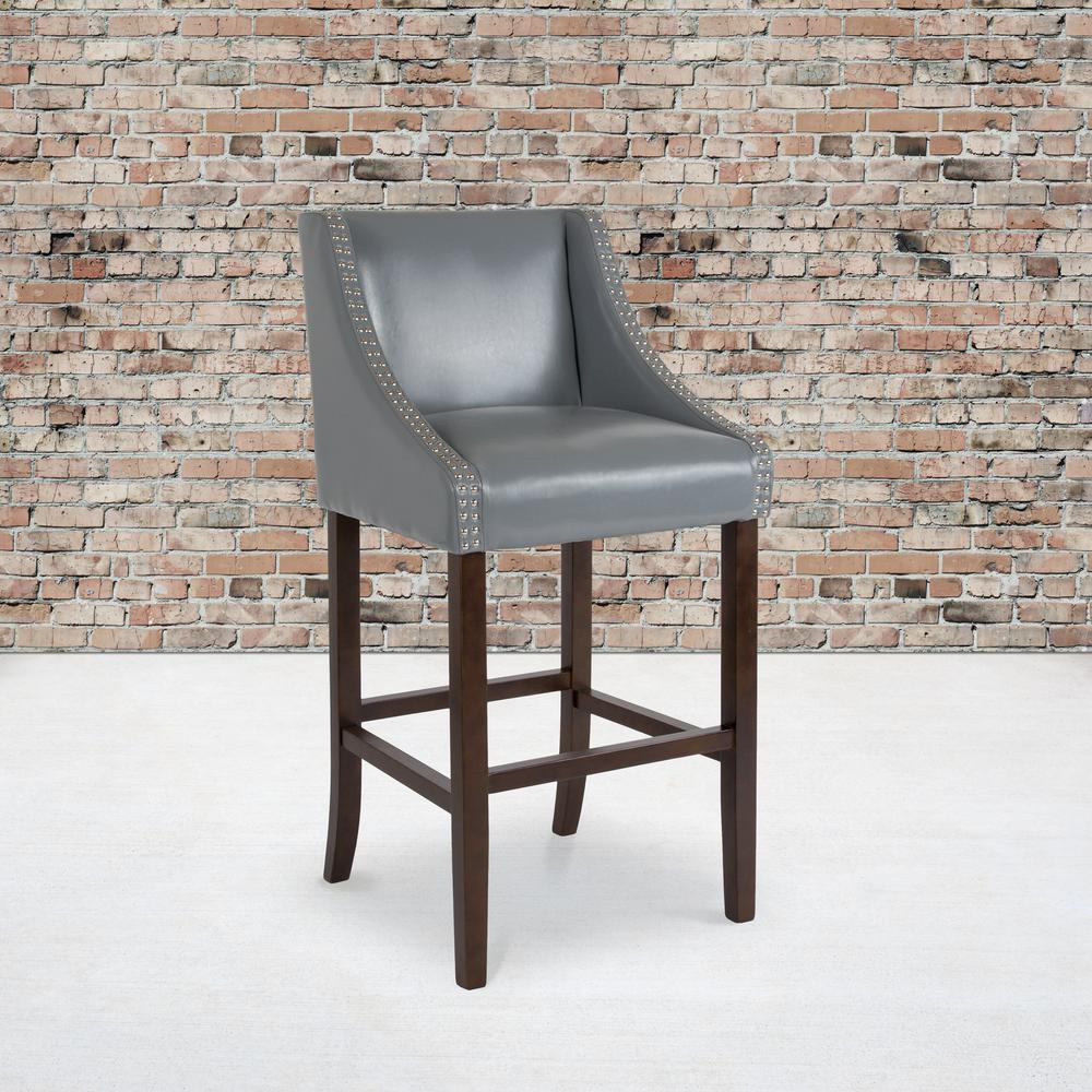 30" High Transitional Walnut Barstool with Accent Nail Trim in Light Gray LeatherSoft. Picture 5