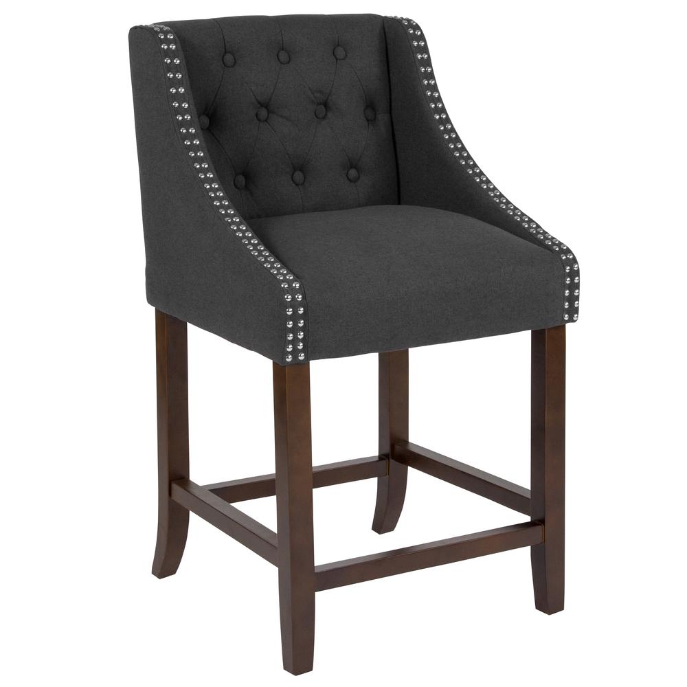 Carmel Series 24" High Transitional Tufted Walnut Counter Height Stool with Accent Nail Trim in Charcoal Fabric. The main picture.