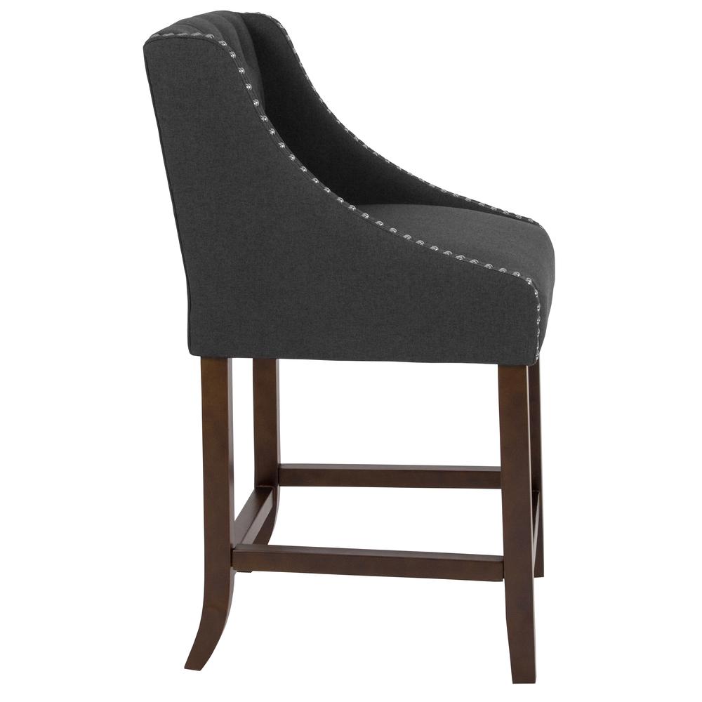 Carmel Series 24" High Transitional Tufted Walnut Counter Height Stool with Accent Nail Trim in Charcoal Fabric. Picture 2