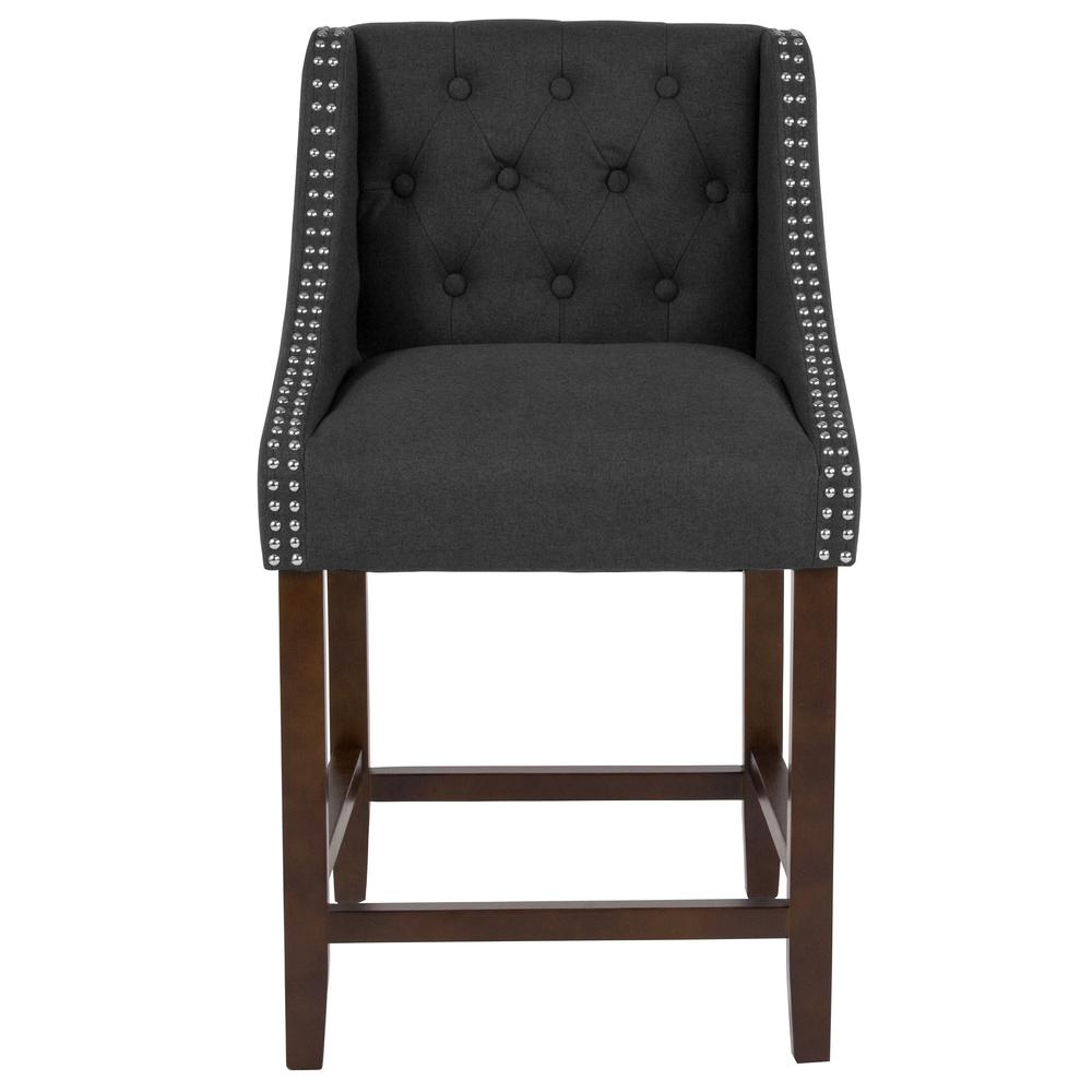 24" High Transitional Tufted Walnut Counter Height Stool with Accent Nail Trim in Charcoal Fabric. Picture 4