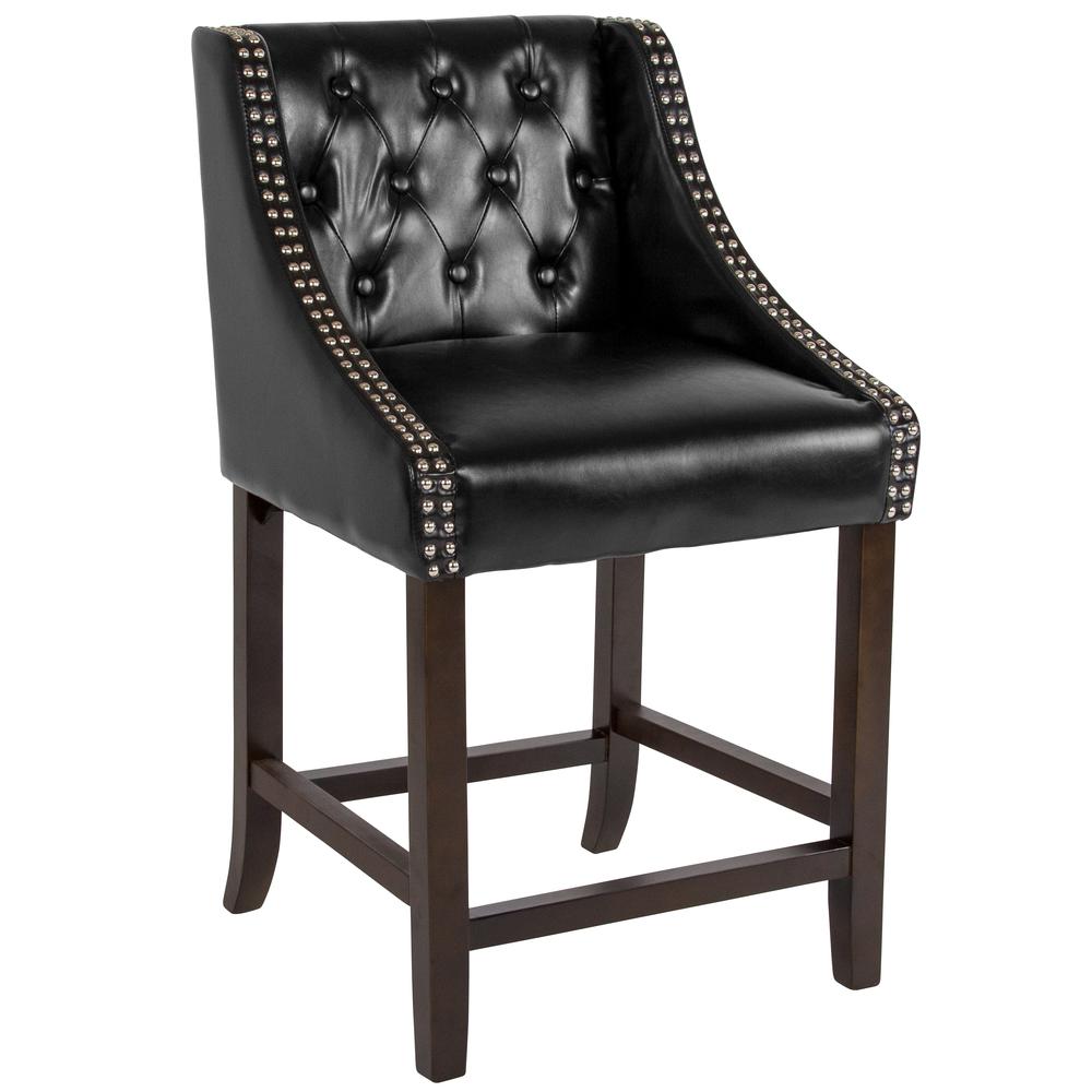 Carmel Series 24" High Transitional Tufted Walnut Counter Height Stool with Accent Nail Trim in Black LeatherSoft. Picture 1