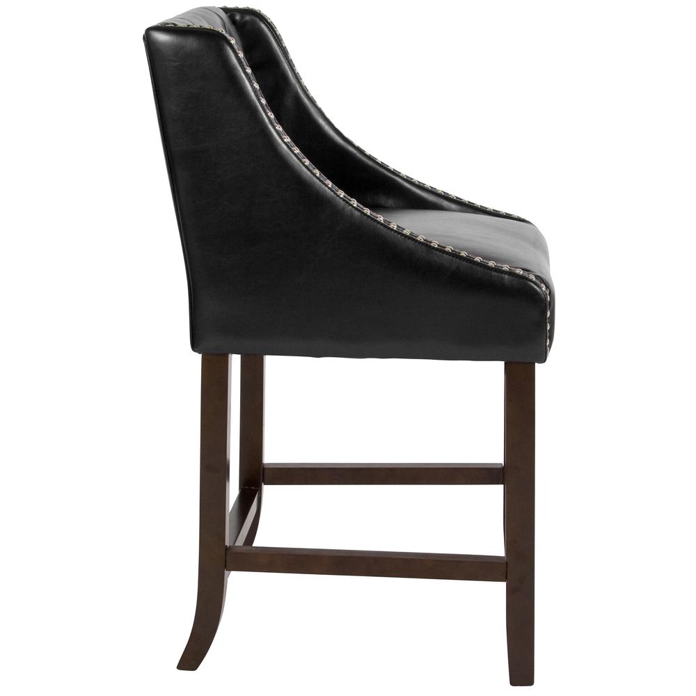 Carmel Series 24" High Transitional Tufted Walnut Counter Height Stool with Accent Nail Trim in Black LeatherSoft. Picture 2
