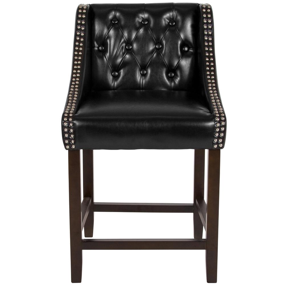Carmel Series 24" High Transitional Tufted Walnut Counter Height Stool with Accent Nail Trim in Black LeatherSoft. Picture 4