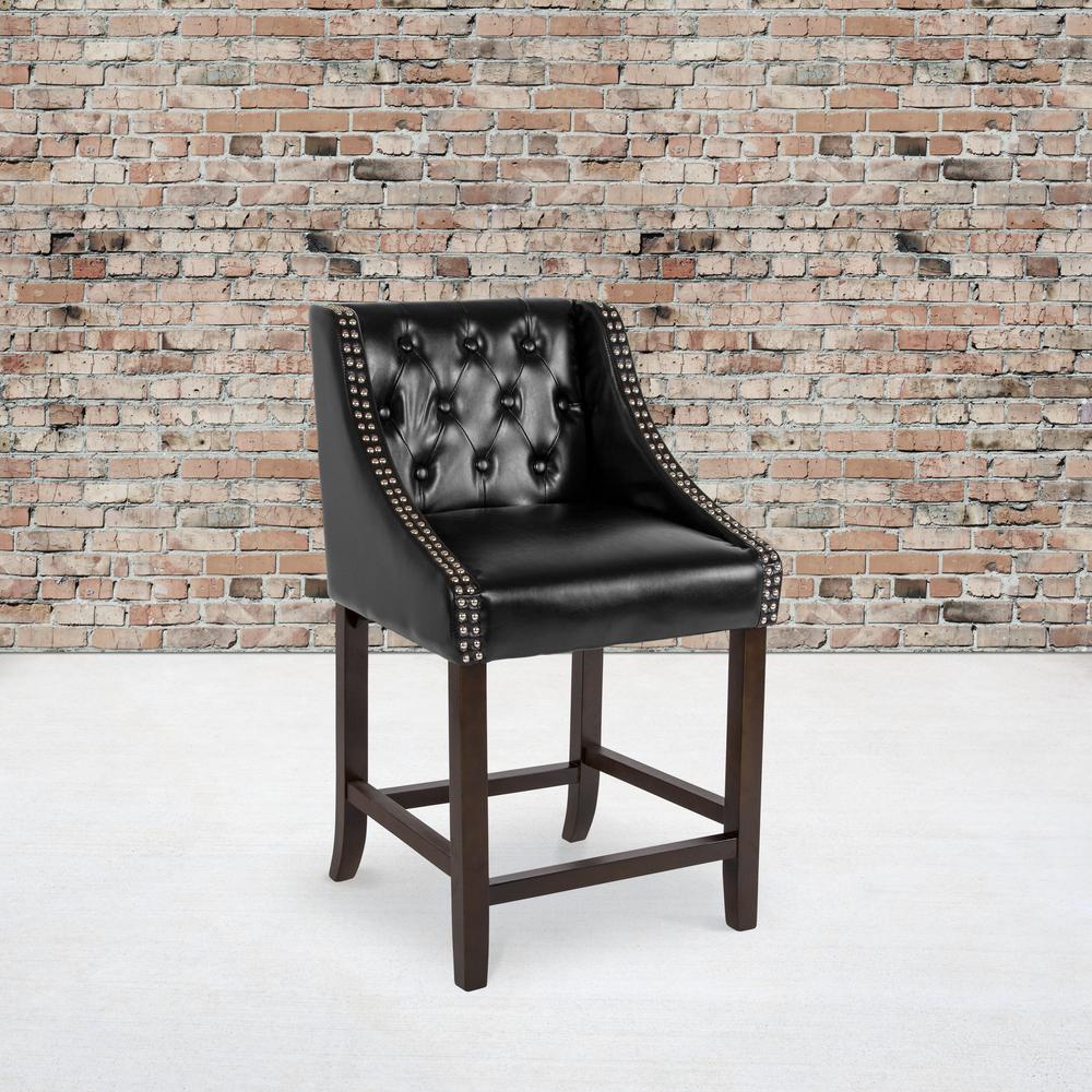 24" High Transitional Tufted Walnut Counter Height Stool with Accent Nail Trim in Black LeatherSoft. Picture 5