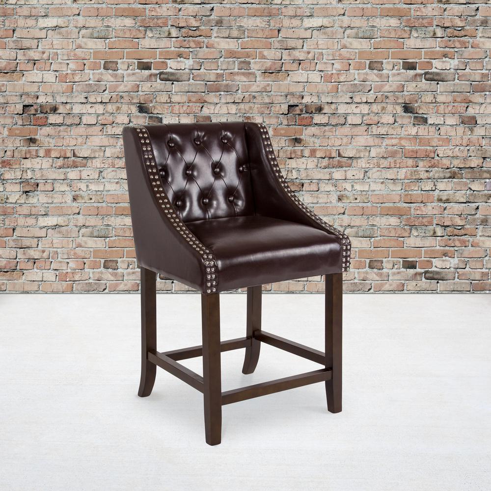 24" High Transitional Tufted Walnut Counter Height Stool with Accent Nail Trim in Brown LeatherSoft. Picture 5