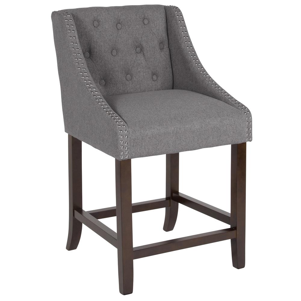 24" High Transitional Tufted Walnut Counter Height Stool with Accent Nail Trim in Dark Gray Fabric. Picture 1