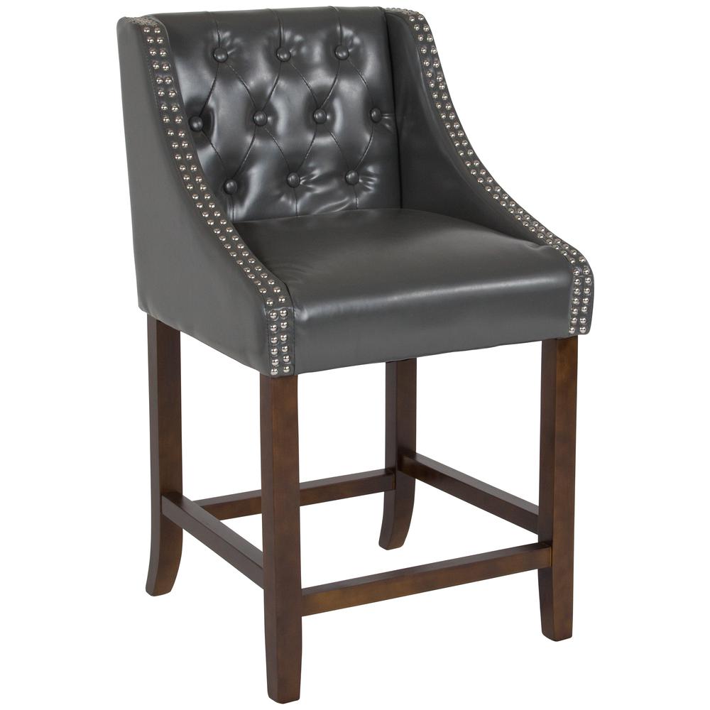 Carmel Series 24" High Transitional Tufted Walnut Counter Height Stool with Accent Nail Trim in Dark Gray LeatherSoft. The main picture.