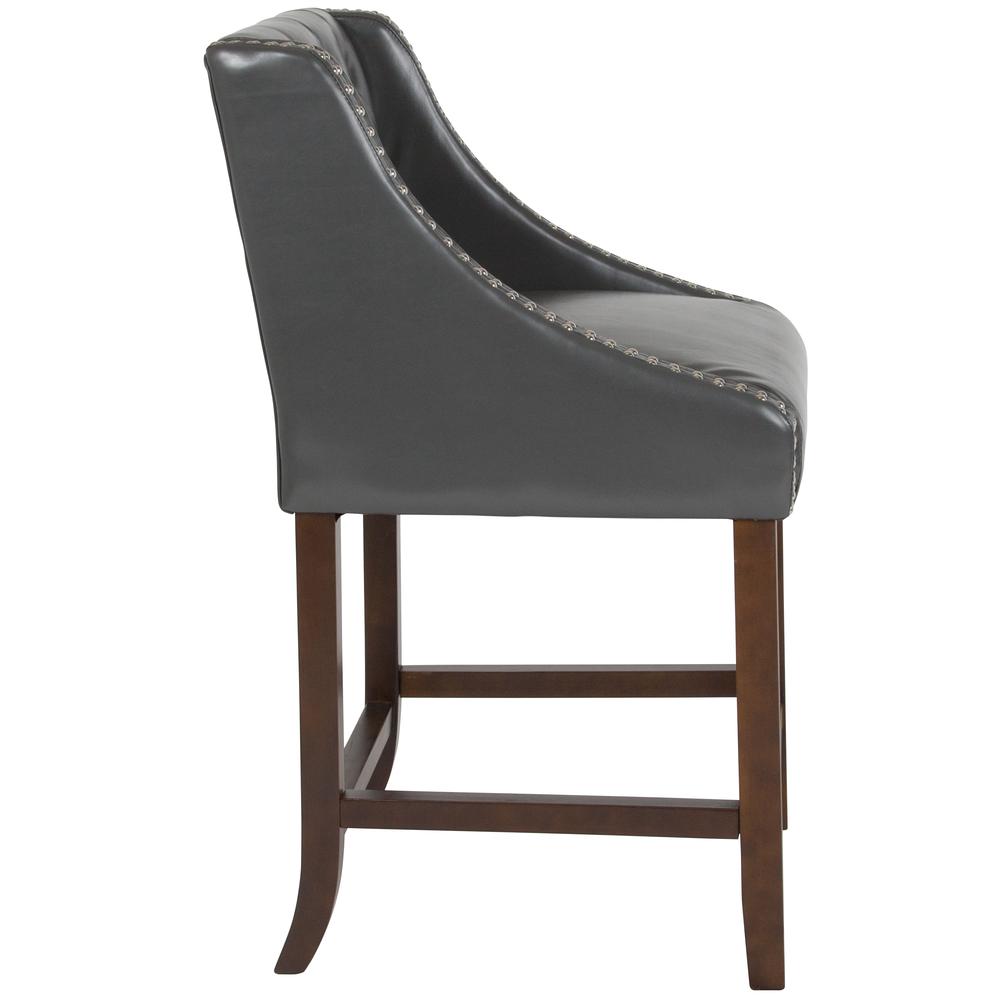 Carmel Series 24" High Transitional Tufted Walnut Counter Height Stool with Accent Nail Trim in Dark Gray LeatherSoft. Picture 2