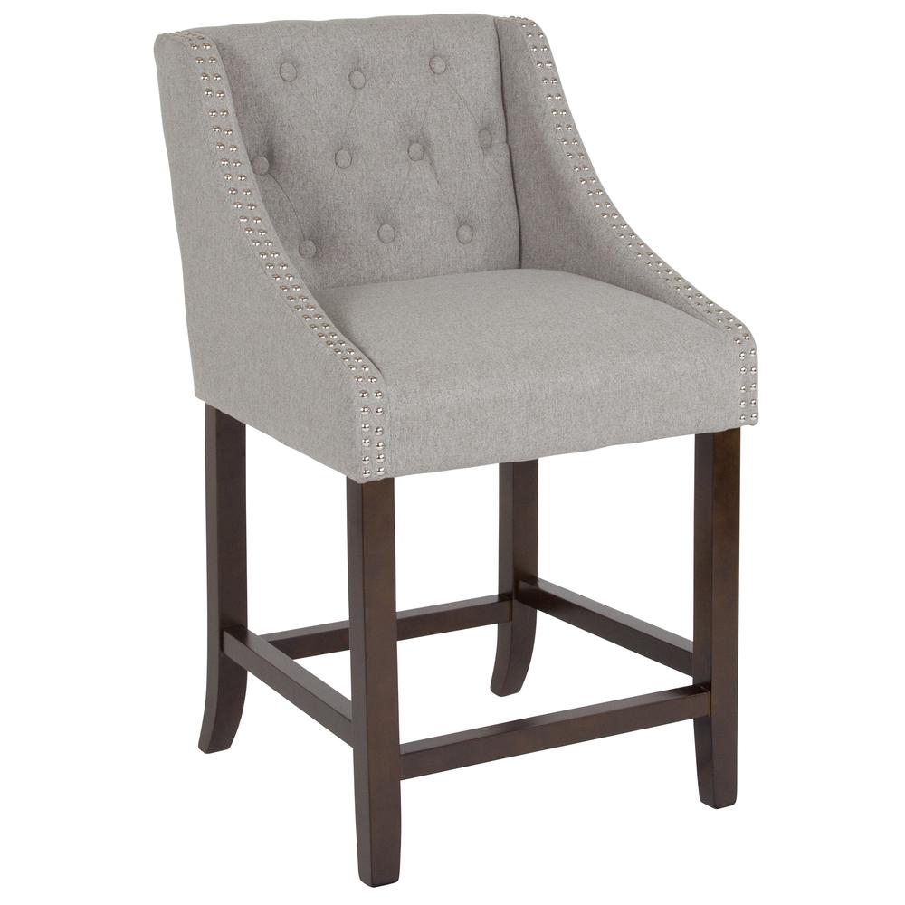 24" High Transitional Tufted Walnut Counter Height Stool with Accent Nail Trim in Light Gray Fabric. Picture 1