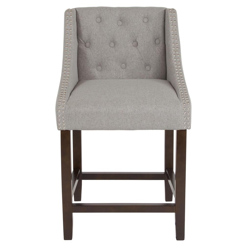 24" High Transitional Tufted Walnut Counter Height Stool with Accent Nail Trim in Light Gray Fabric. Picture 4