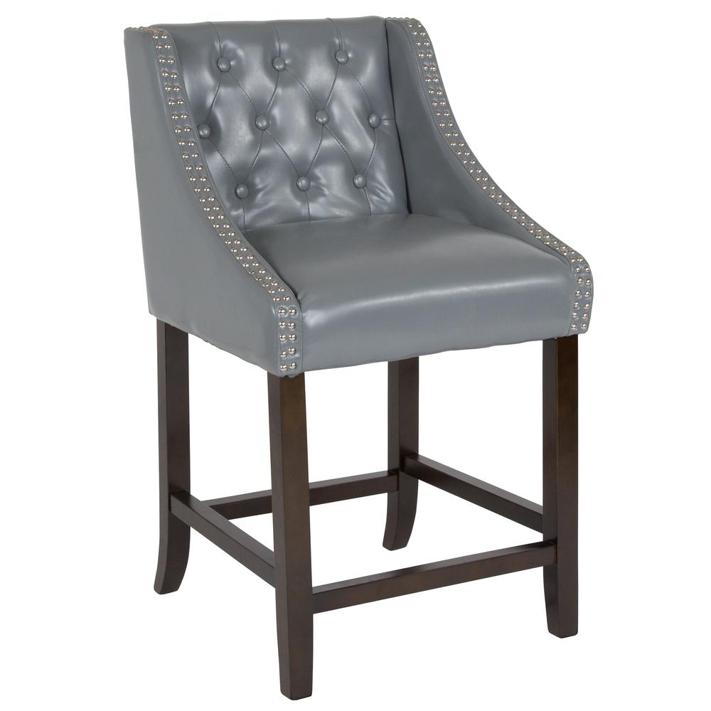 24" High Transitional Tufted Walnut Counter Height Stool with Accent Nail Trim in Light Gray LeatherSoft. Picture 1