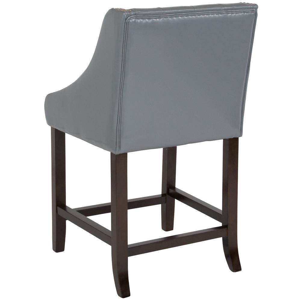 24" High Transitional Tufted Walnut Counter Height Stool with Accent Nail Trim in Light Gray LeatherSoft. Picture 3