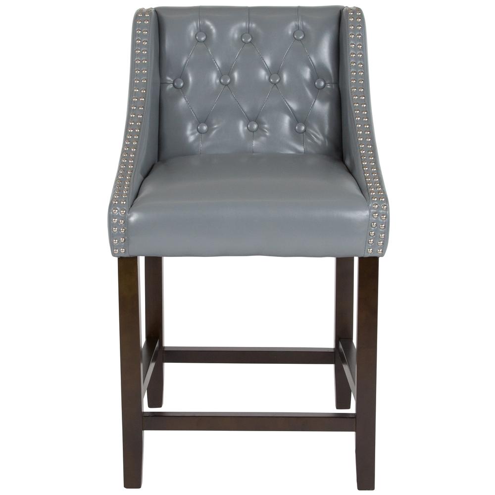 24" High Transitional Tufted Walnut Counter Height Stool with Accent Nail Trim in Light Gray LeatherSoft. Picture 4