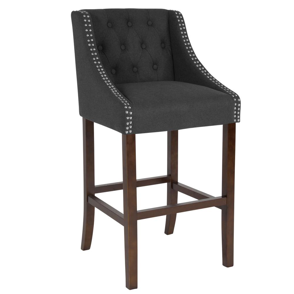 30" High Transitional Tufted Walnut Barstool with Accent Nail Trim in Charcoal Fabric. Picture 1