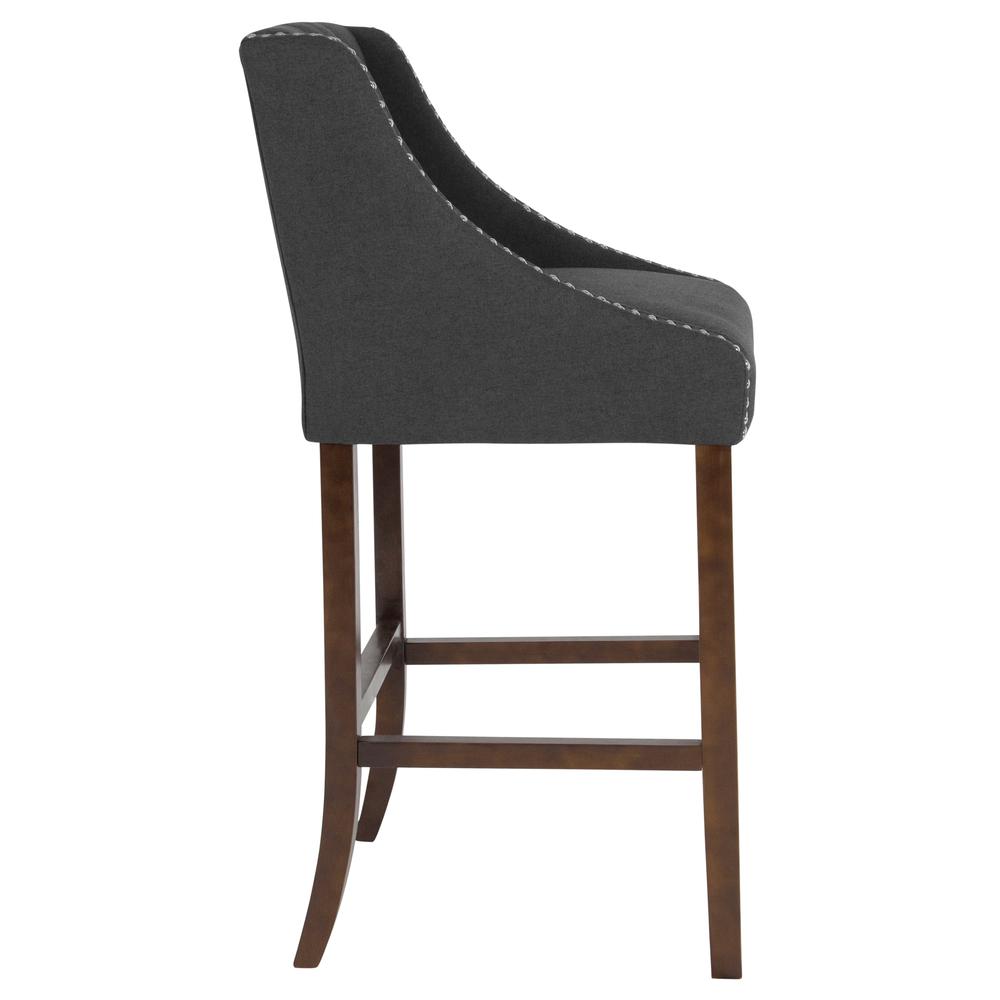 30" High Tufted Walnut Barstool with Accent Nail Trim in Charcoal Fabric. Picture 2