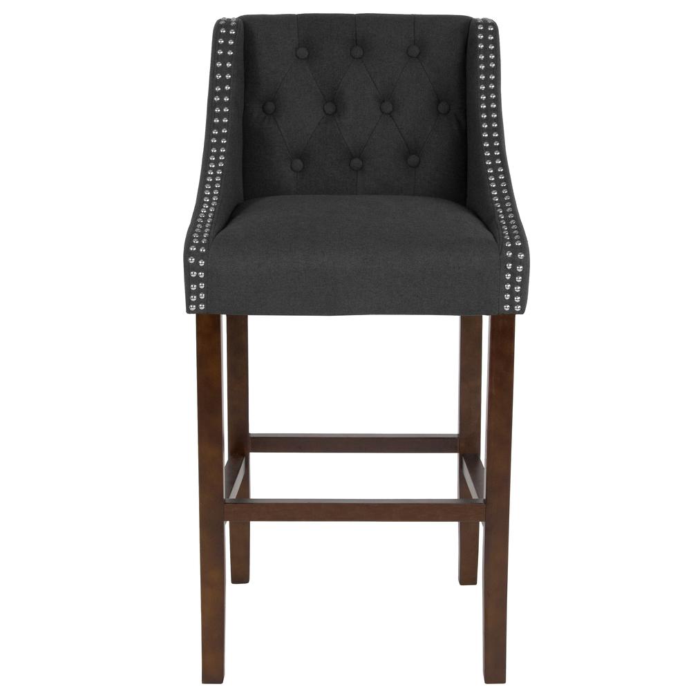 30" High Transitional Tufted Walnut Barstool with Accent Nail Trim in Charcoal Fabric. Picture 4
