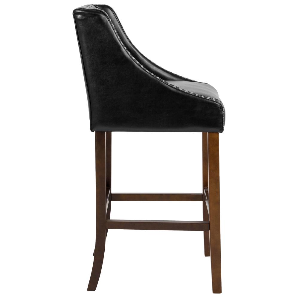 30" High Transitional Tufted Walnut Barstool with Accent Nail Trim in Black LeatherSoft. Picture 2