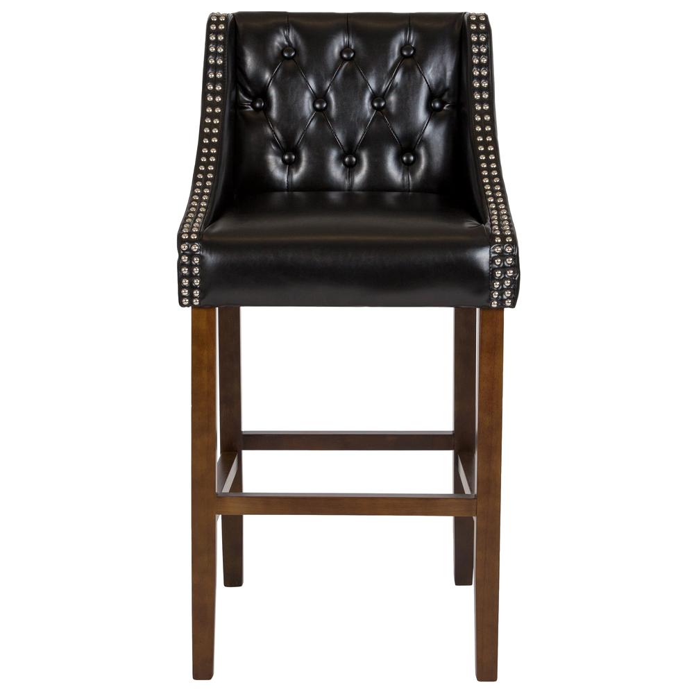 30" High Transitional Tufted Walnut Barstool with Accent Nail Trim in Black LeatherSoft. Picture 4