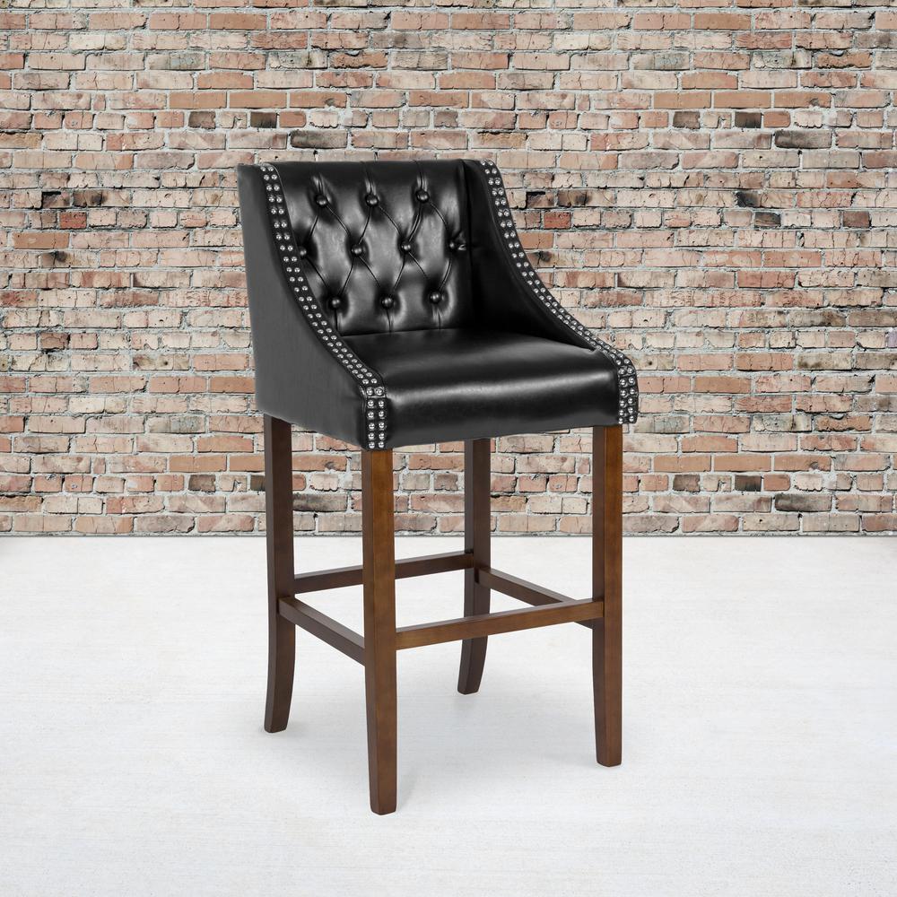 30" High Transitional Tufted Walnut Barstool with Accent Nail Trim in Black LeatherSoft. Picture 5