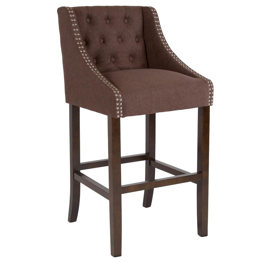 30" High Transitional Tufted Walnut Barstool-Accent Nail Trim in Brown Fabric. The main picture.
